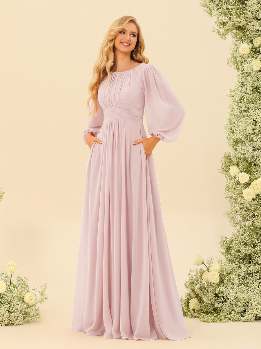 A-Line/Princess Floor-Length Long Sleeves Bridesmaid Dresses With Sash - 画像 (70)