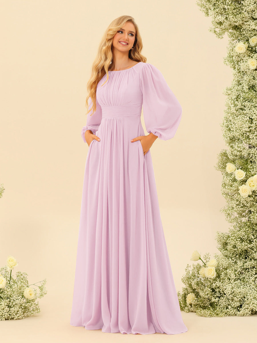 A-Line/Princess Floor-Length Long Sleeves Bridesmaid Dresses With Sash - 画像 (71)