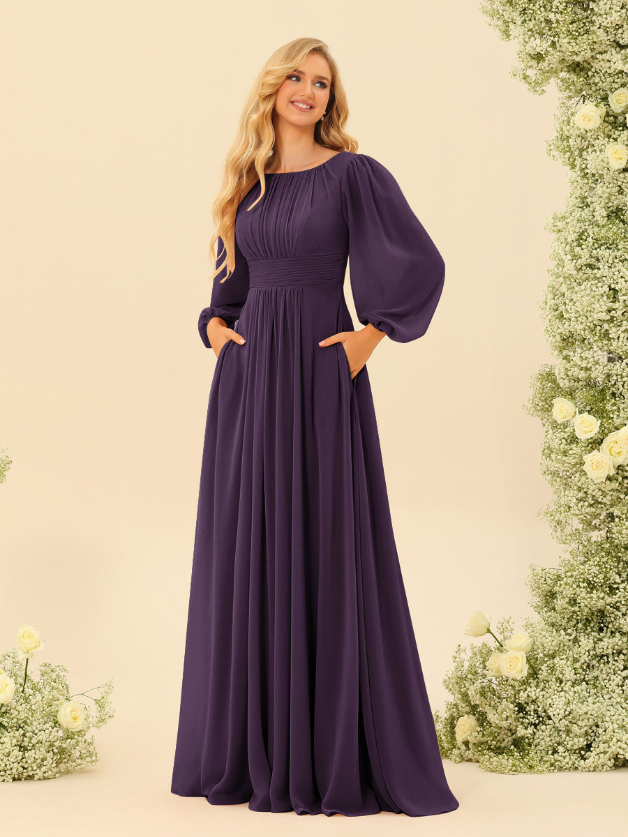 A-Line/Princess Floor-Length Long Sleeves Bridesmaid Dresses With Sash - 画像 (72)