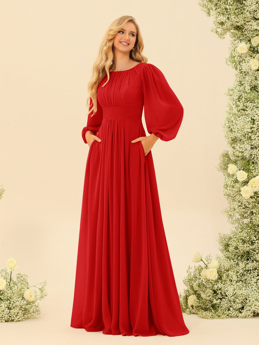 A-Line/Princess Floor-Length Long Sleeves Bridesmaid Dresses With Sash - 画像 (74)