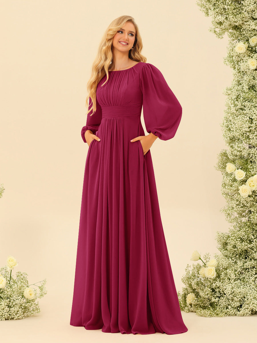 A-Line/Princess Floor-Length Long Sleeves Bridesmaid Dresses With Sash - 画像 (19)