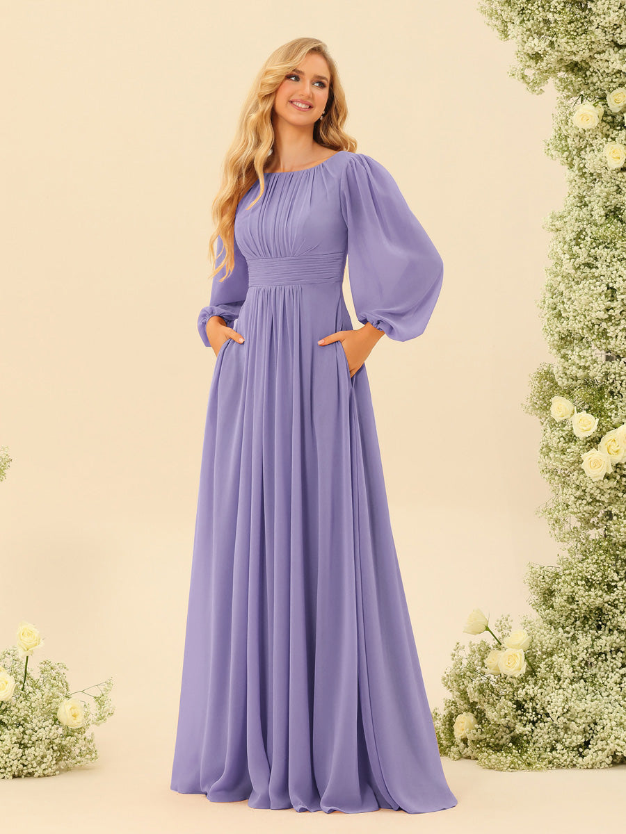 A-Line/Princess Floor-Length Long Sleeves Bridesmaid Dresses With Sash - 画像 (20)