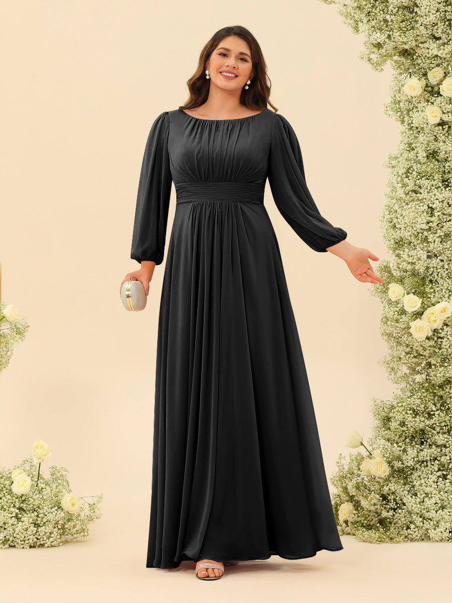 A-Line/Princess Floor-Length Long Sleeves Plus Size Bridesmaid Dresses With Sash - 画像 (6)