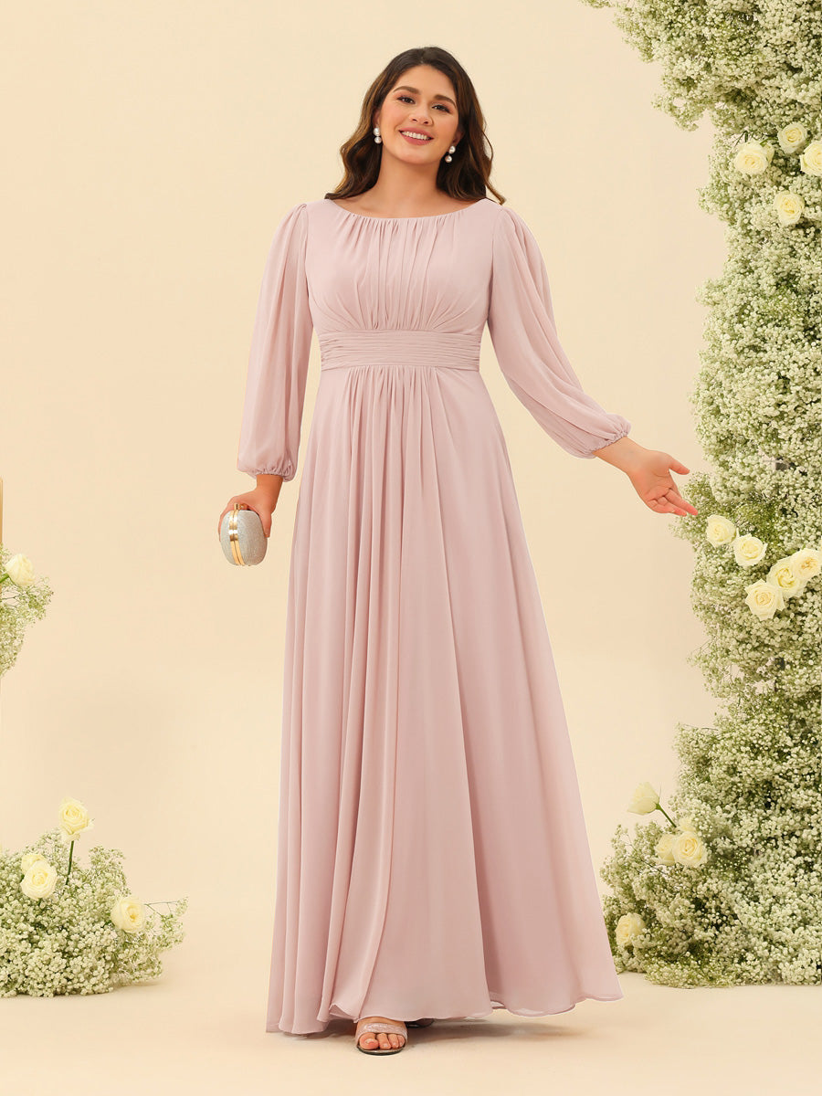 A-Line/Princess Floor-Length Long Sleeves Plus Size Bridesmaid Dresses With Sash - 画像 (7)
