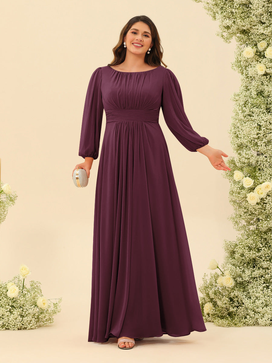 A-Line/Princess Floor-Length Long Sleeves Plus Size Bridesmaid Dresses With Sash - 画像 (9)