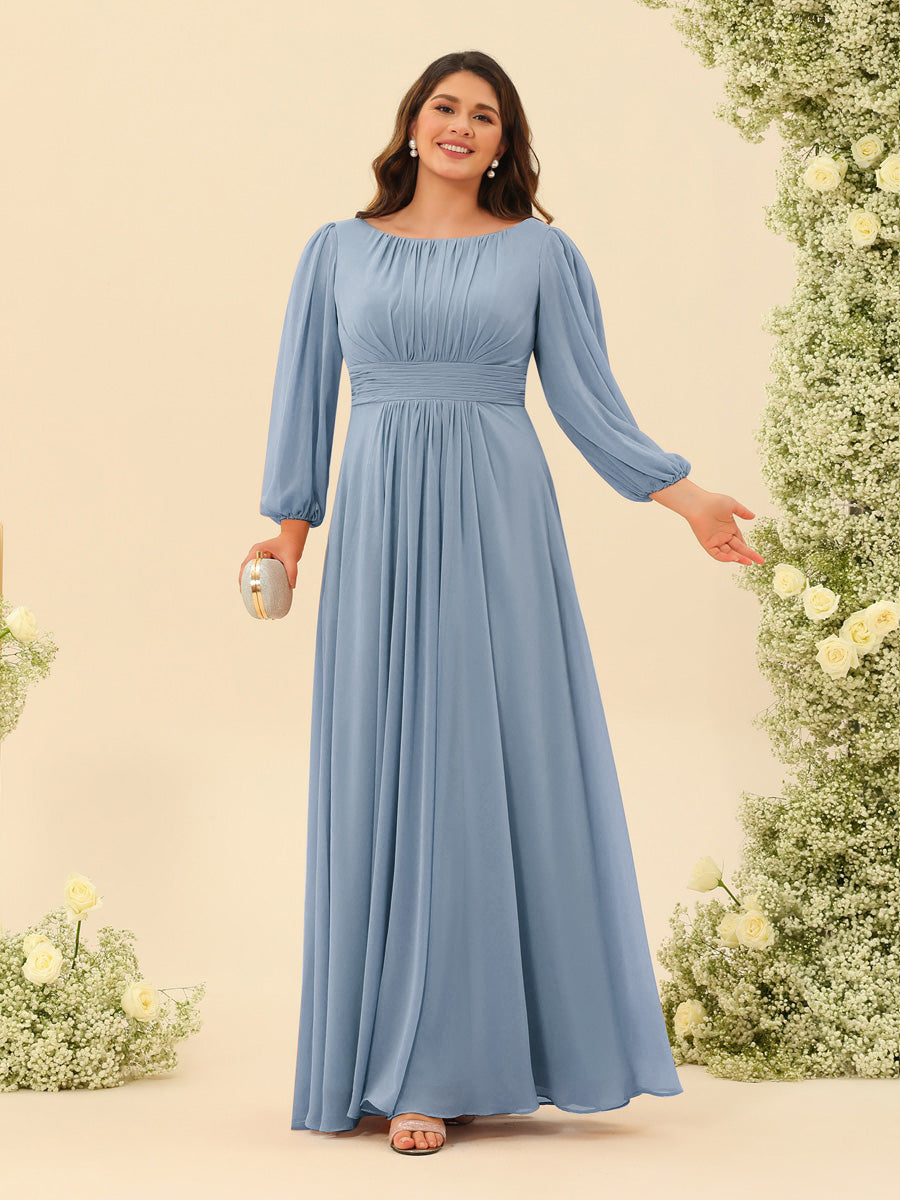 A-Line/Princess Floor-Length Long Sleeves Plus Size Bridesmaid Dresses With Sash - 画像 (16)