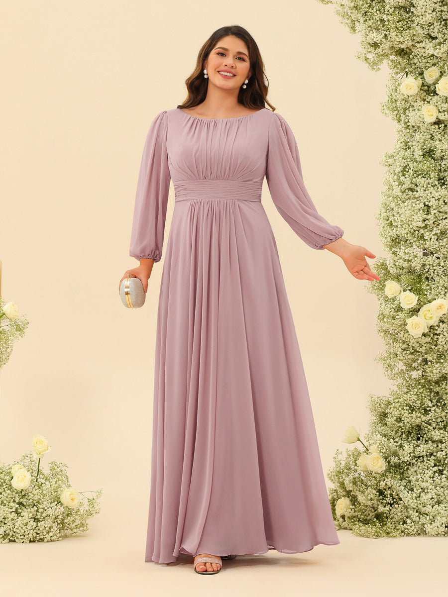 A-Line/Princess Floor-Length Long Sleeves Plus Size Bridesmaid Dresses With Sash - 画像 (17)