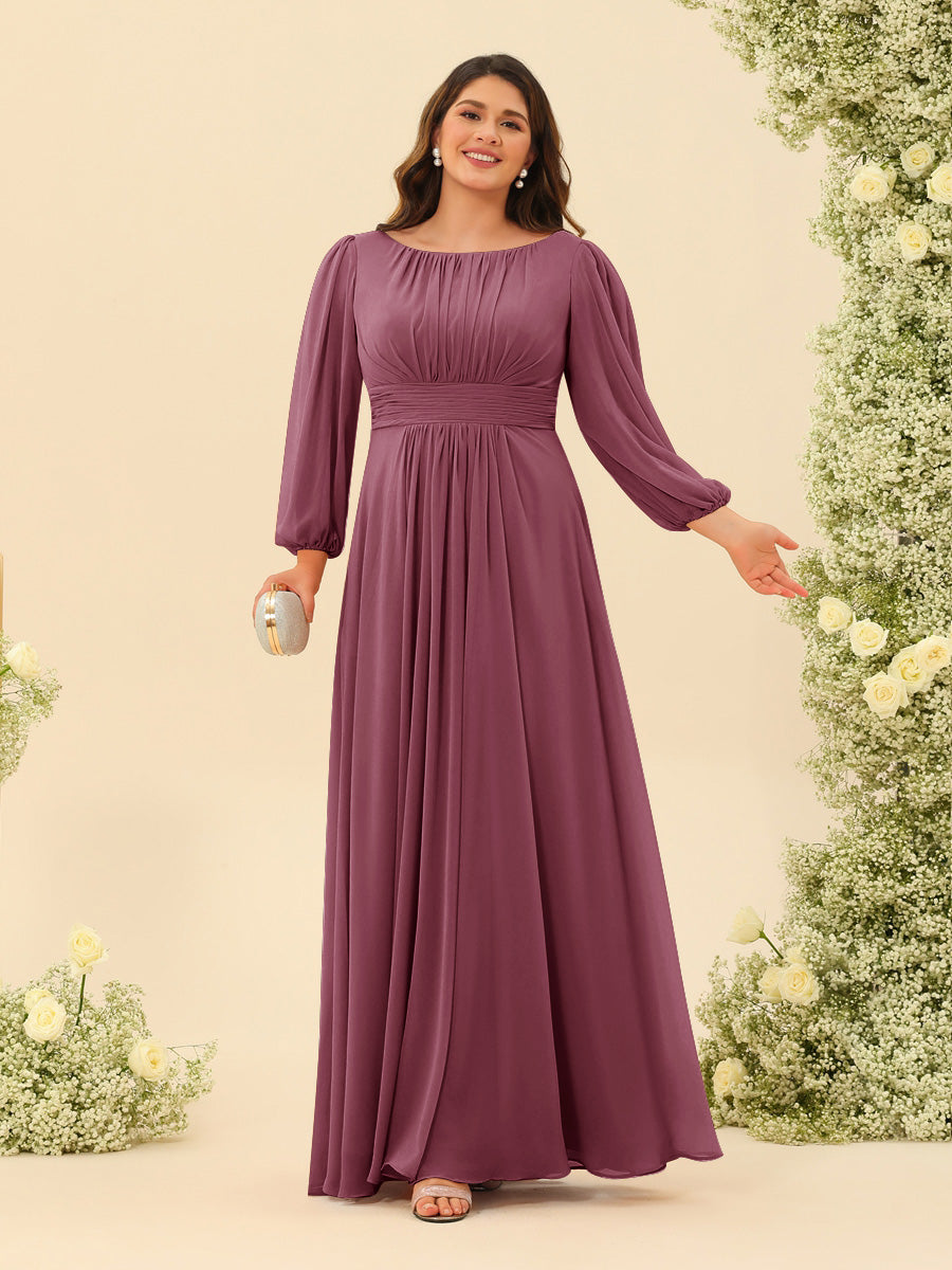 A-Line/Princess Floor-Length Long Sleeves Plus Size Bridesmaid Dresses With Sash - 画像 (43)