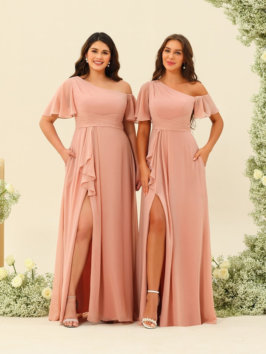 A-Line/Princess One-Shoulder Floor-Length Split Side Bridesmaid Dresses - 画像 (6)