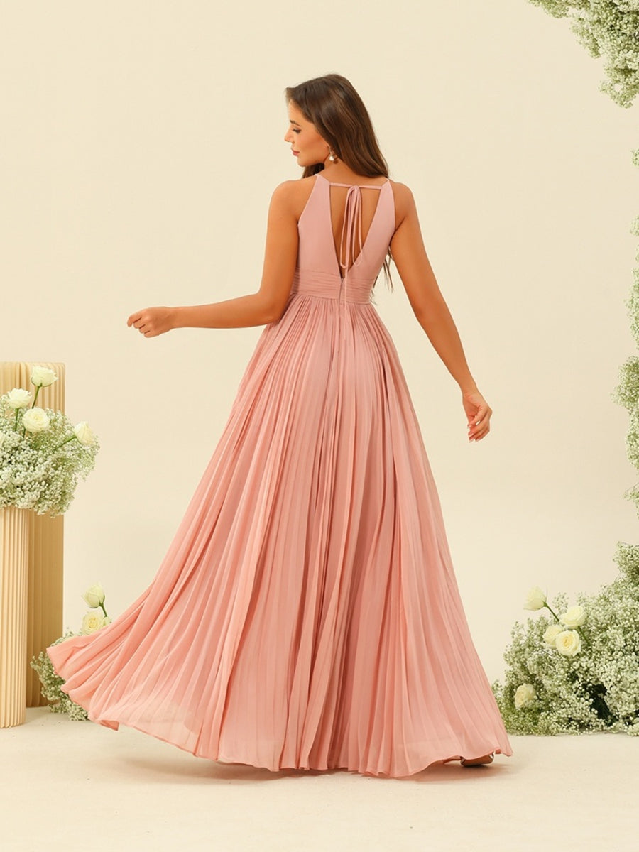 A-Line/Princess Halter Sleeveless Long Bridesmaid Dresses with Split Side & Ruffles - 画像 (2)