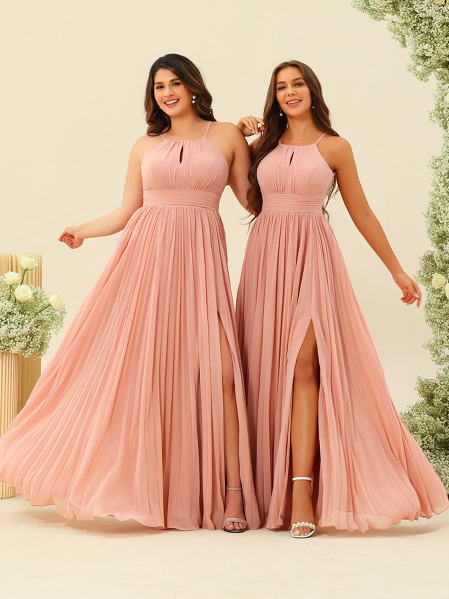 A-Line/Princess Halter Sleeveless Long Bridesmaid Dresses with Split Side & Ruffles - 画像 (6)