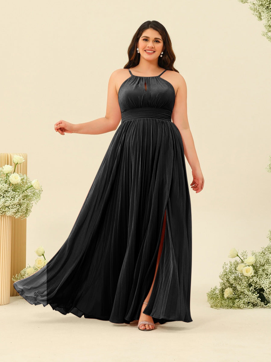 A-Line/Princess Halter Plus Size Long Bridesmaid Dresses with Split Side & Ruffles - 画像 (6)