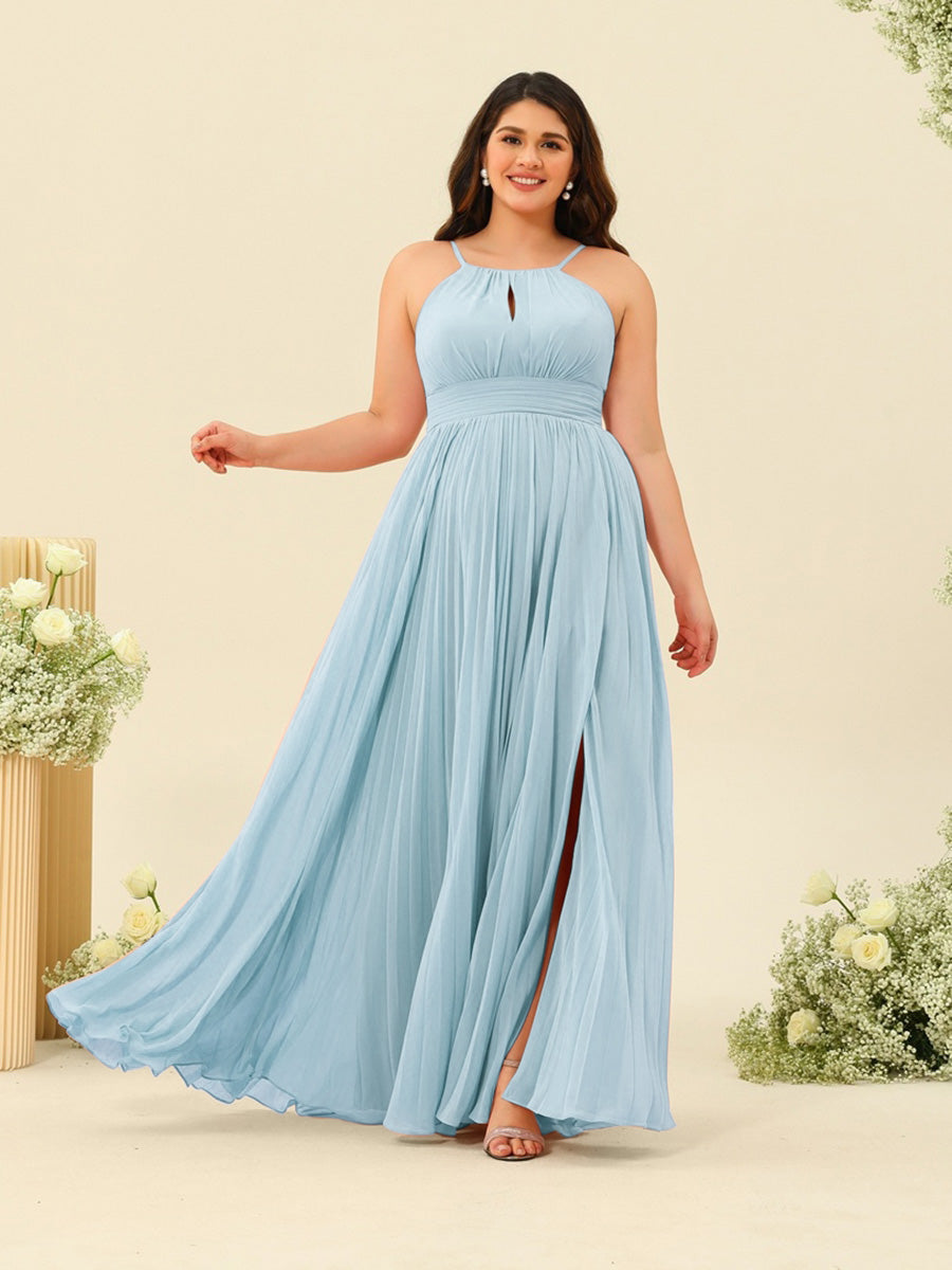 A-Line/Princess Halter Plus Size Long Bridesmaid Dresses with Split Side & Ruffles - 画像 (31)