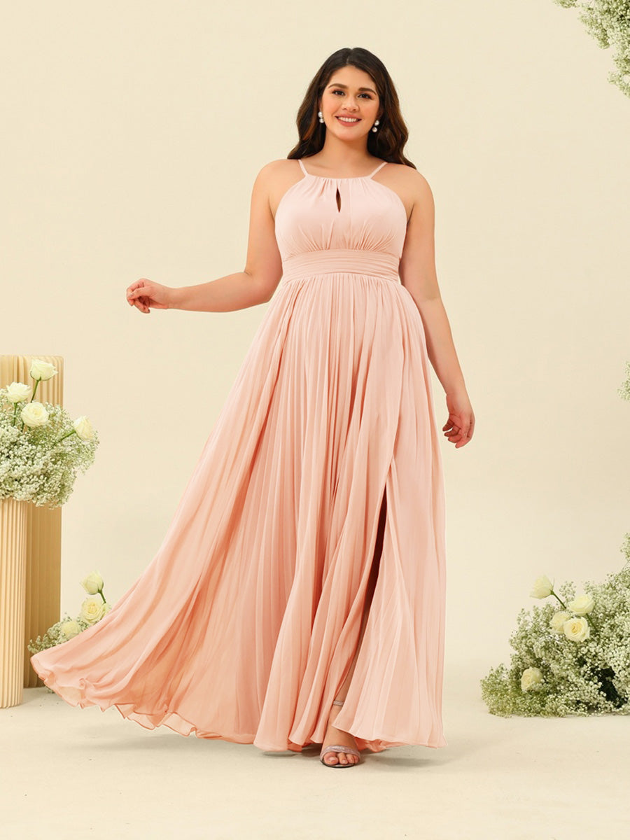A-Line/Princess Halter Plus Size Long Bridesmaid Dresses with Split Side & Ruffles - 画像 (50)