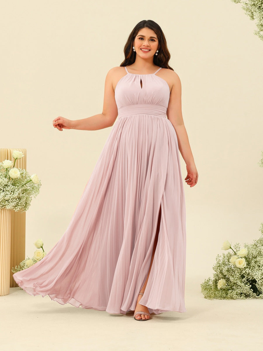 A-Line/Princess Halter Plus Size Long Bridesmaid Dresses with Split Side & Ruffles - 画像 (52)