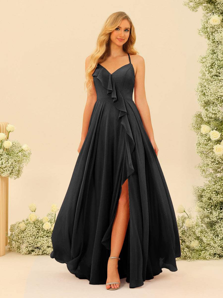 A-Line/Princess Spaghetti Straps V-Neck Long Bridesmaid Dresses with Split Side & Ruffles - 画像 (9)