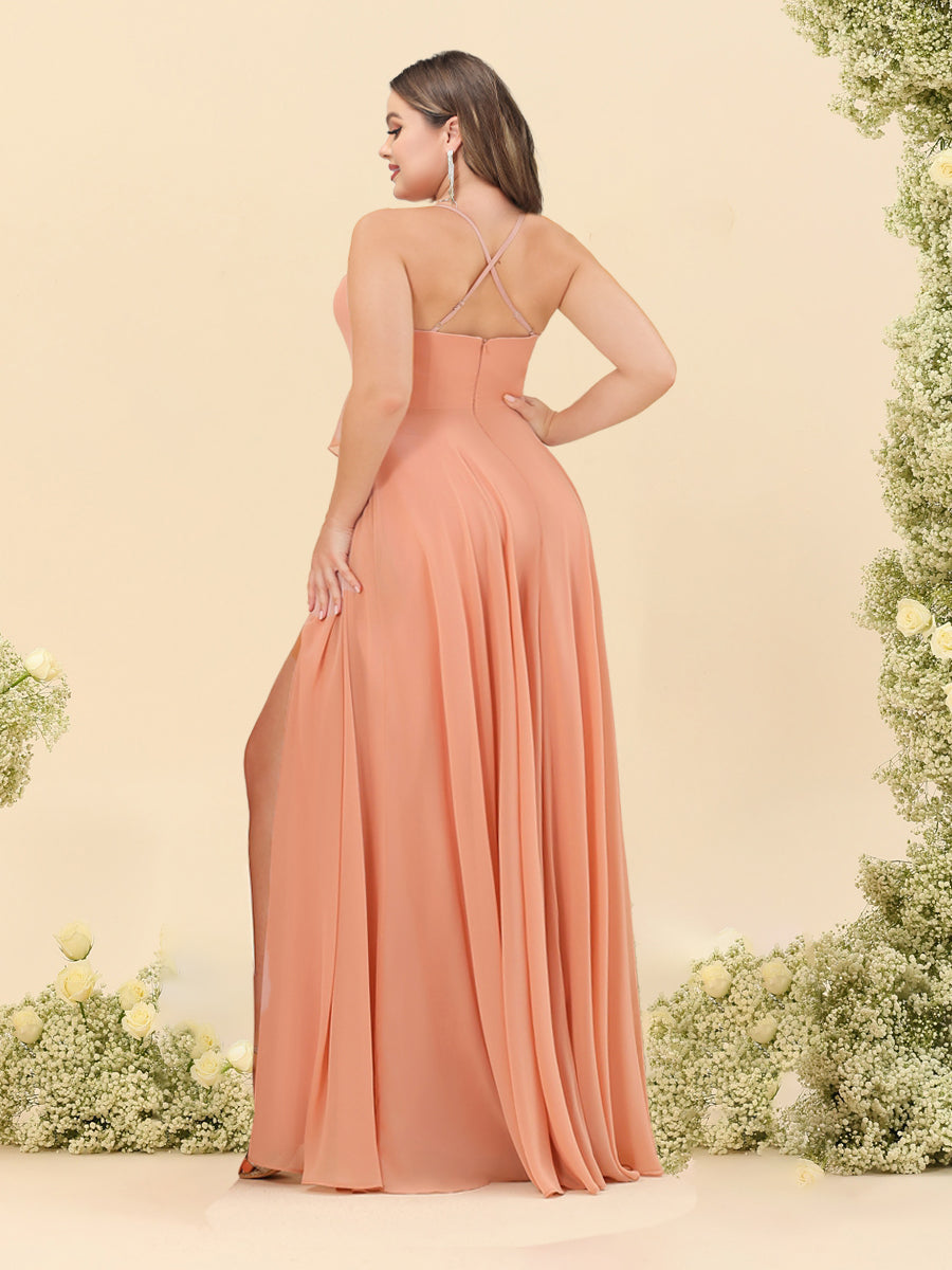A-Line/Princess Spaghetti Straps V-Neck Long Plus Size Bridesmaid Dresses with Split Side & Ruffles - 이미지 2