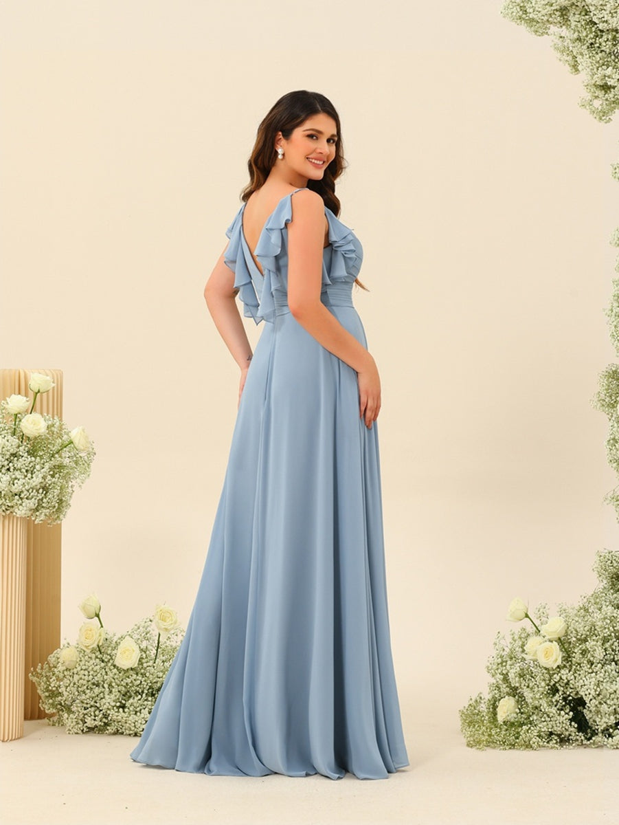 A-Line/Princess Spaghetti Straps Plus Size Ruched Long Bridesmaid Dresses with Split Side - 이미지 4