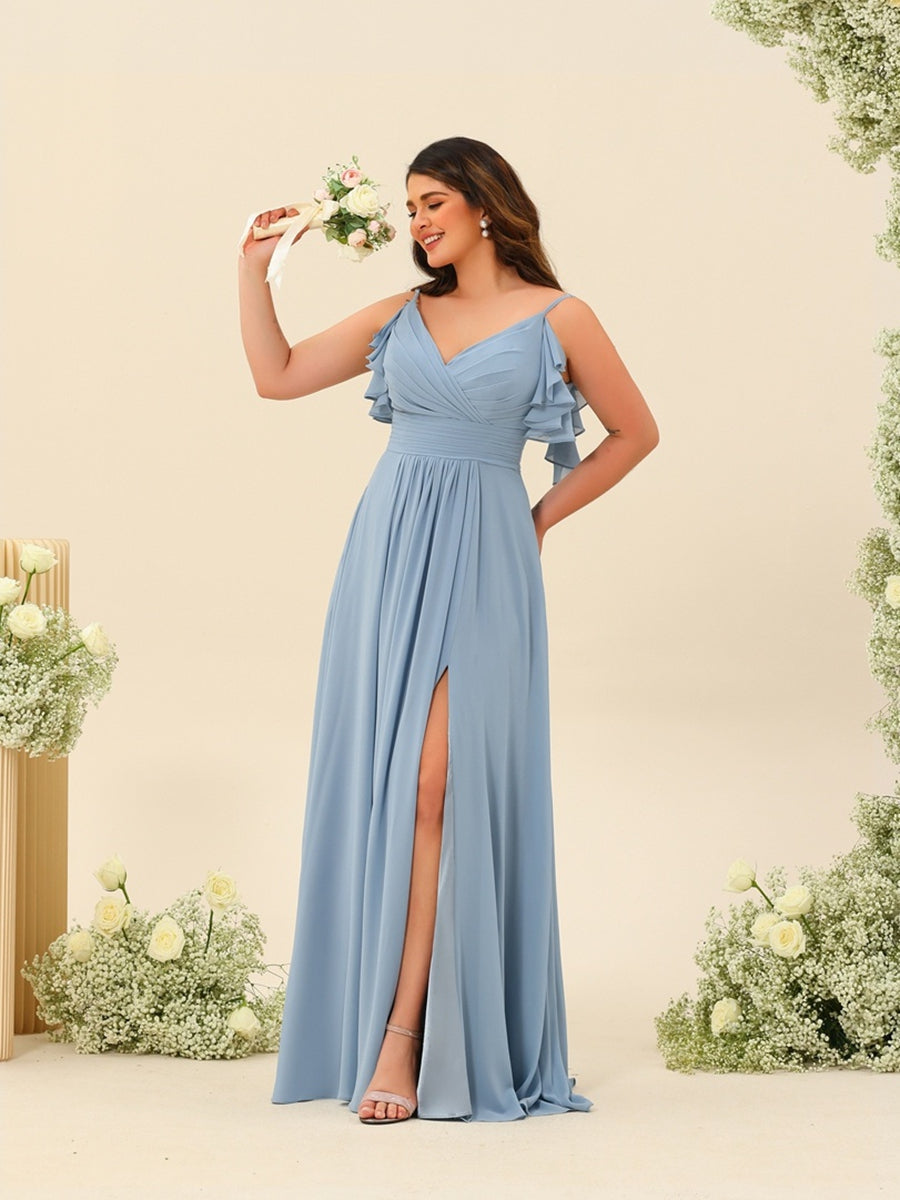 A-Line/Princess Spaghetti Straps Plus Size Ruched Long Bridesmaid Dresses with Split Side - 이미지 5