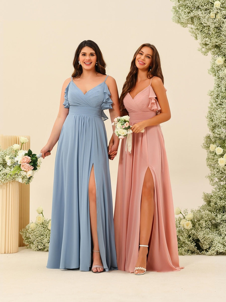 A-Line/Princess Spaghetti Straps Plus Size Ruched Long Bridesmaid Dresses with Split Side - 이미지 6