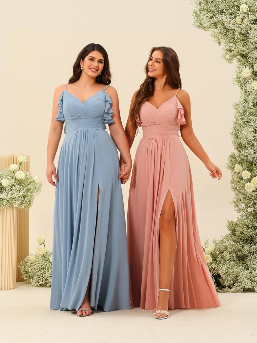 A-Line/Princess Spaghetti Straps Plus Size Ruched Long Bridesmaid Dresses with Split Side - 이미지 7
