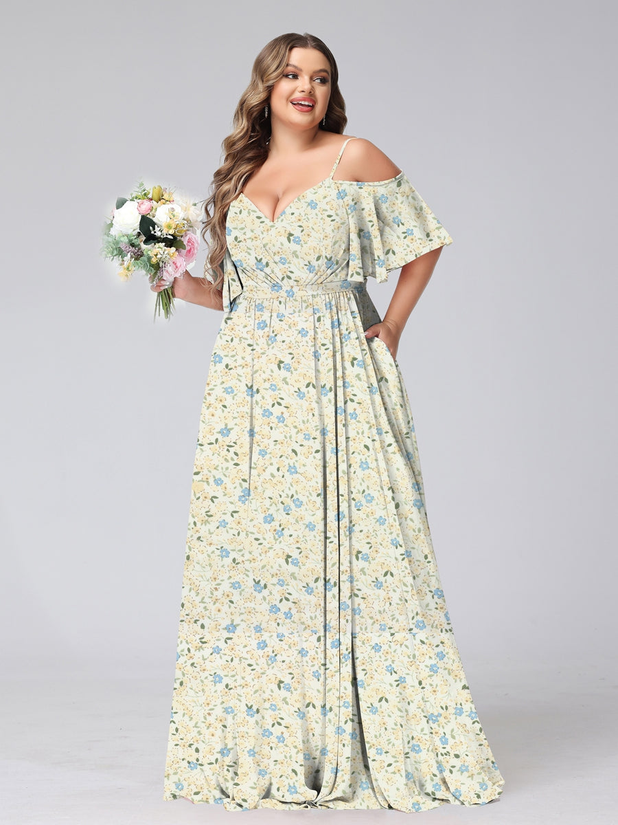 A-Line/Princess Cold Shoulder Short Sleeves Ruched Plus Size Floral Bridesmaid Dresses - 이미지 3