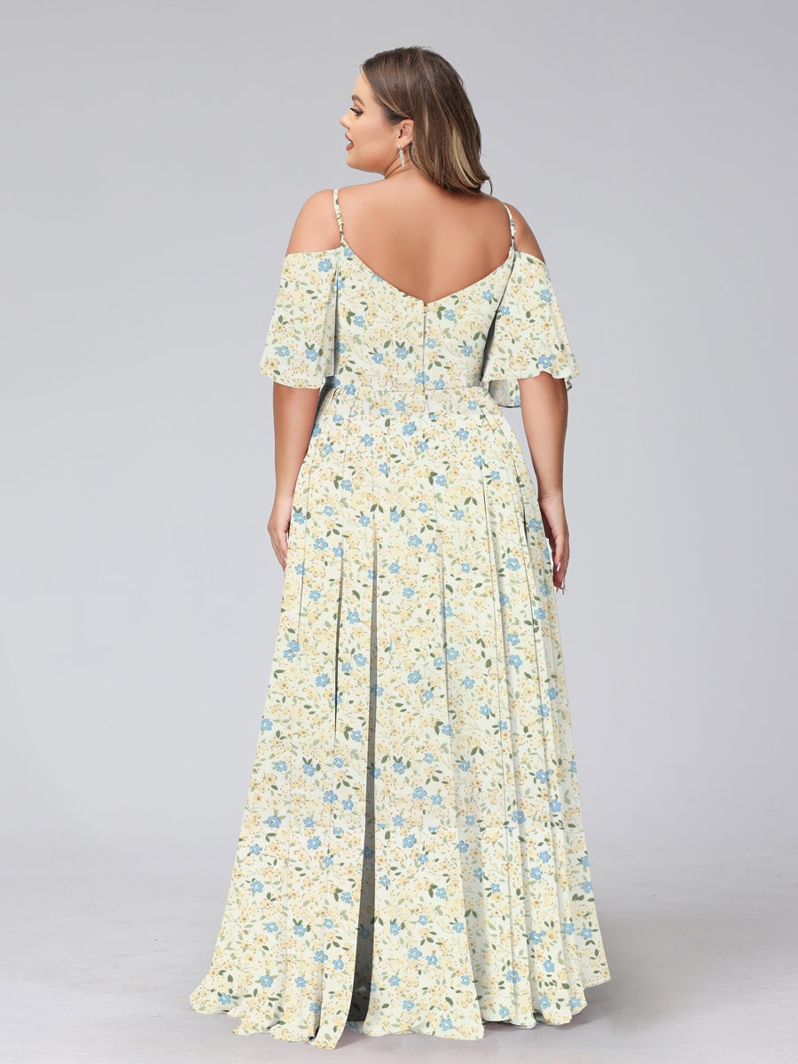 A-Line/Princess Cold Shoulder Short Sleeves Ruched Plus Size Floral Bridesmaid Dresses - 이미지 4