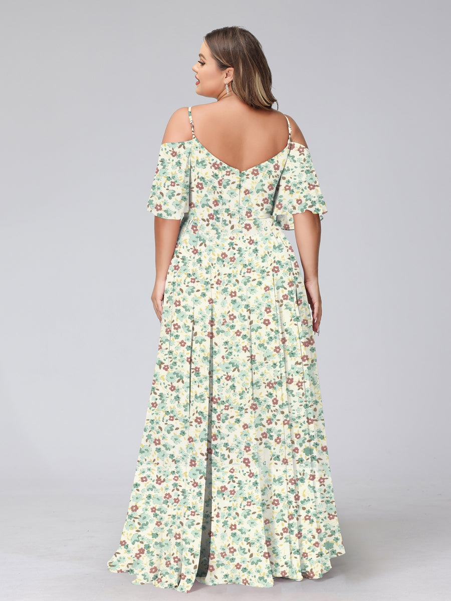 A-Line/Princess Cold Shoulder Short Sleeves Ruched Plus Size Floral Bridesmaid Dresses - 이미지 8