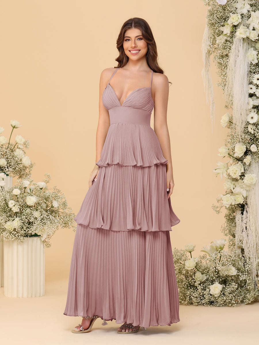 A-Line/Princess Spaghetti Straps Sleeveless Floor-Length Tiered Bridesmaid Dresses With Pleats - 画像 (14)