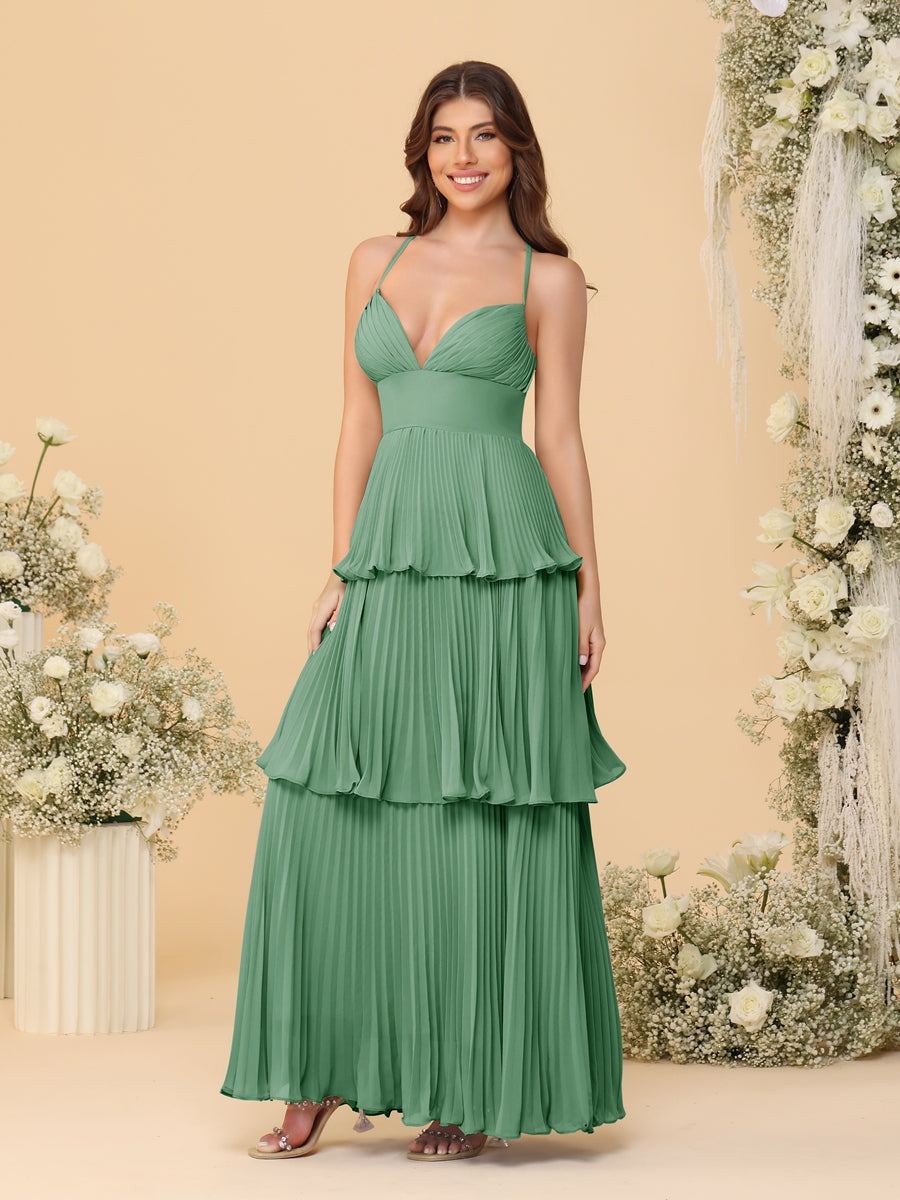 A-Line/Princess Spaghetti Straps Sleeveless Floor-Length Tiered Bridesmaid Dresses With Pleats - 画像 (19)