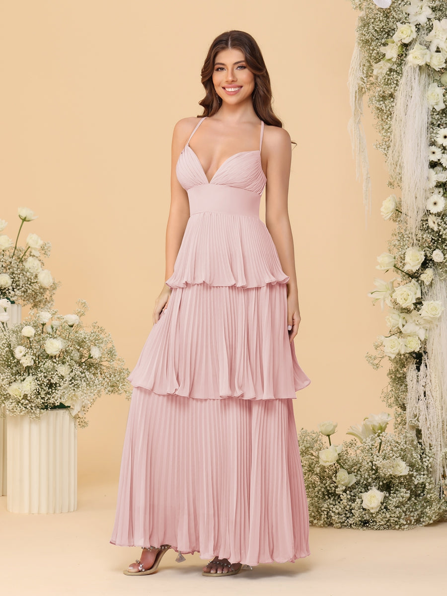 A-Line/Princess Spaghetti Straps Sleeveless Floor-Length Tiered Bridesmaid Dresses With Pleats - 画像 (67)