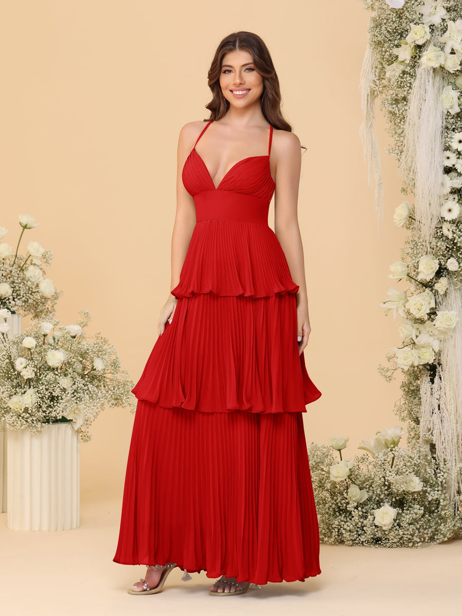 A-Line/Princess Spaghetti Straps Sleeveless Floor-Length Tiered Bridesmaid Dresses With Pleats - 画像 (70)