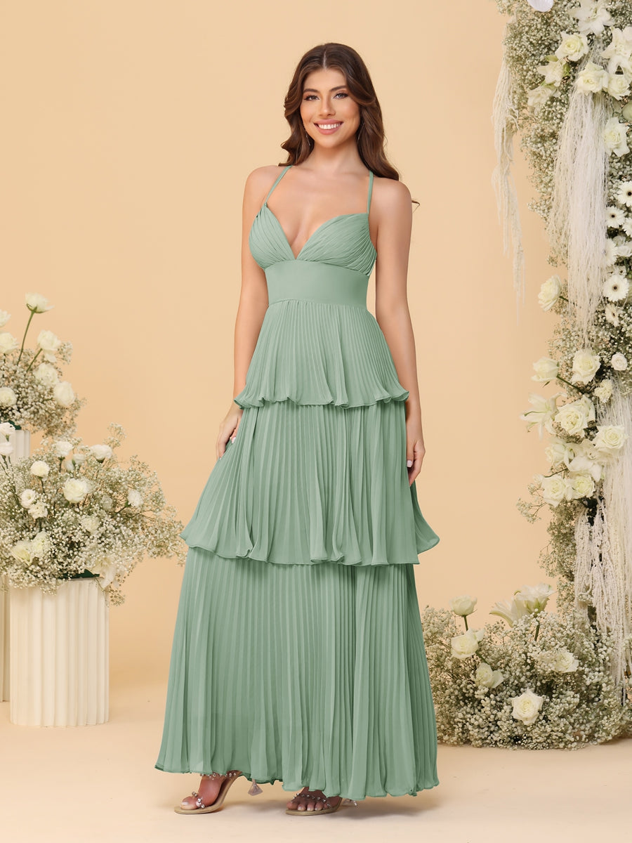 A-Line/Princess Spaghetti Straps Sleeveless Floor-Length Tiered Bridesmaid Dresses With Pleats - 画像 (72)