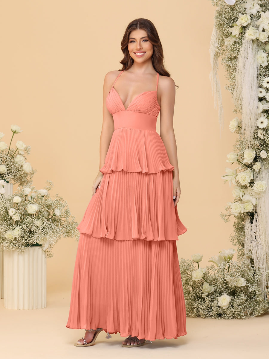 A-Line/Princess Spaghetti Straps Sleeveless Floor-Length Tiered Bridesmaid Dresses With Pleats - 画像 (73)