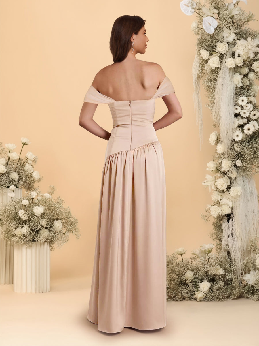 A-Line/Princess Off-the-Shoulder  Ruched Long Bridesmaid Dresses With Side Slit & Pleats - 画像 (2)