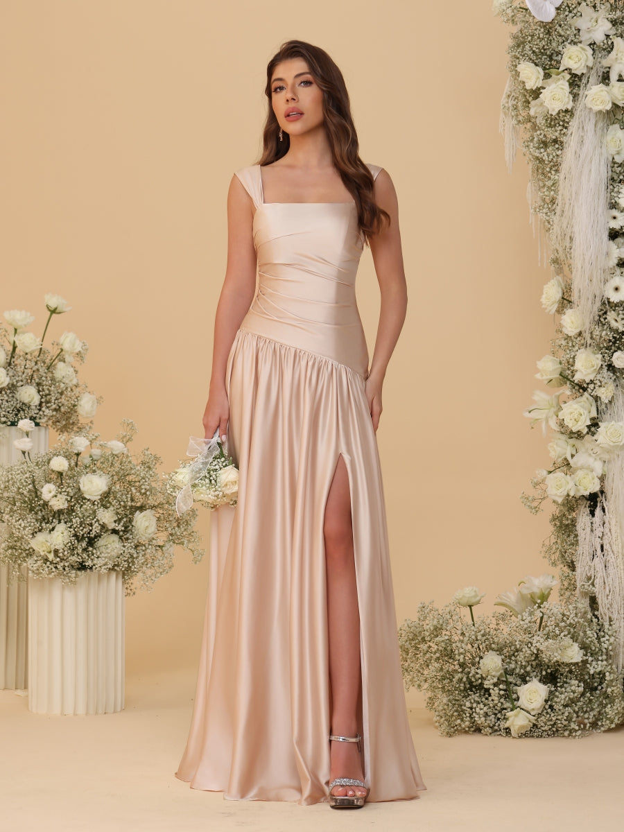 A-Line/Princess Off-the-Shoulder  Ruched Long Bridesmaid Dresses With Side Slit & Pleats - 画像 (4)
