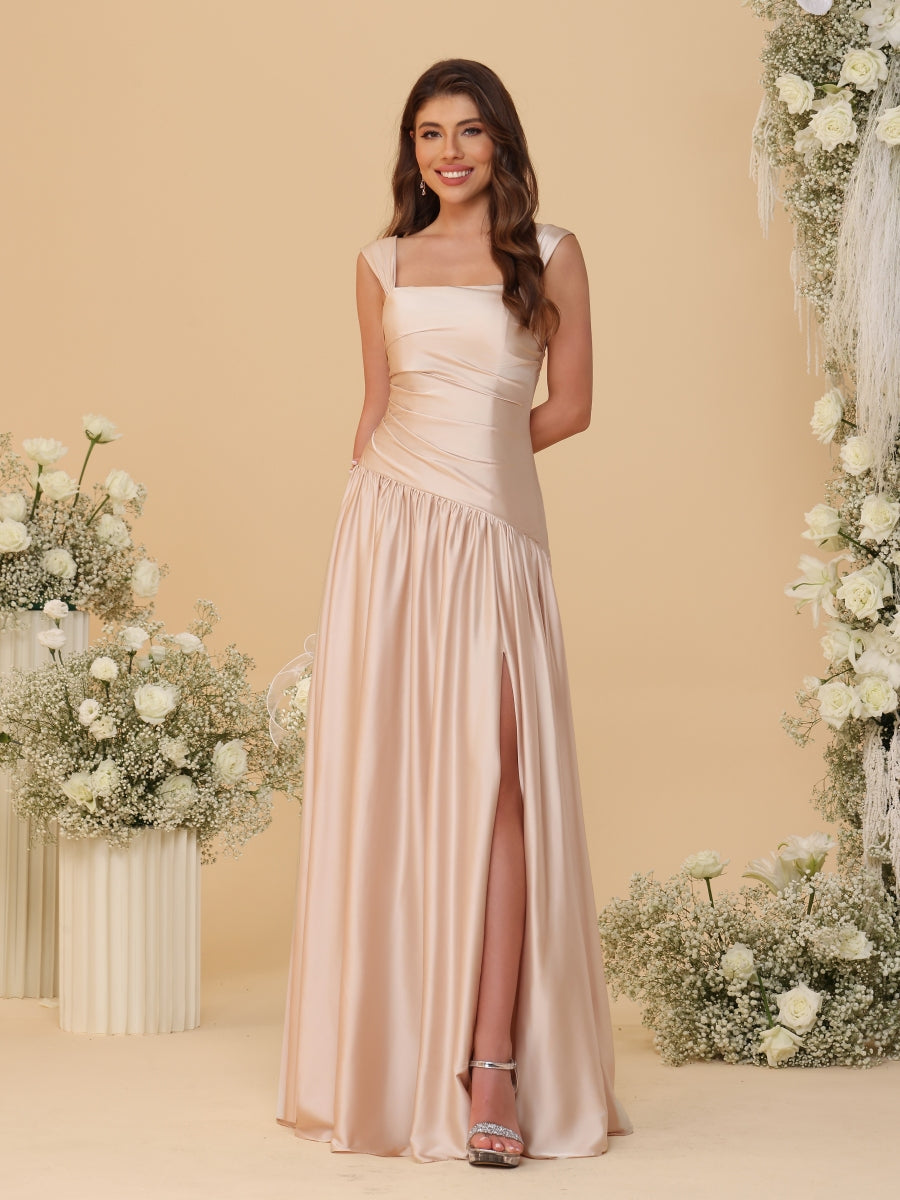 A-Line/Princess Off-the-Shoulder  Ruched Long Bridesmaid Dresses With Side Slit & Pleats - 画像 (5)