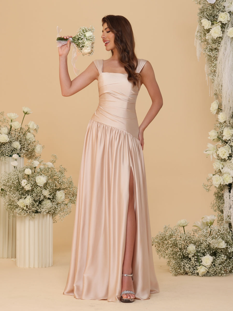 A-Line/Princess Off-the-Shoulder  Ruched Long Bridesmaid Dresses With Side Slit & Pleats - 画像 (6)