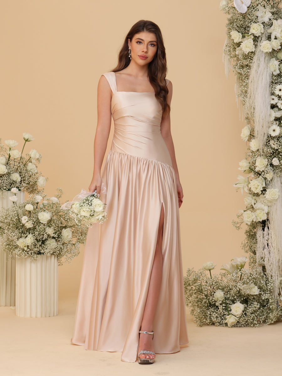 A-Line/Princess Off-the-Shoulder  Ruched Long Bridesmaid Dresses With Side Slit & Pleats - 画像 (7)