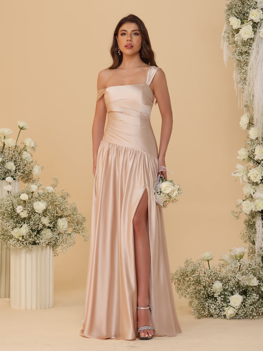 A-Line/Princess Off-the-Shoulder  Ruched Long Bridesmaid Dresses With Side Slit & Pleats - 画像 (8)