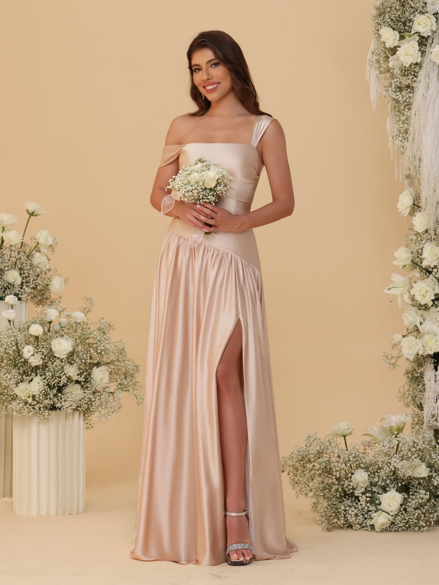 A-Line/Princess Off-the-Shoulder  Ruched Long Bridesmaid Dresses With Side Slit & Pleats - 画像 (9)