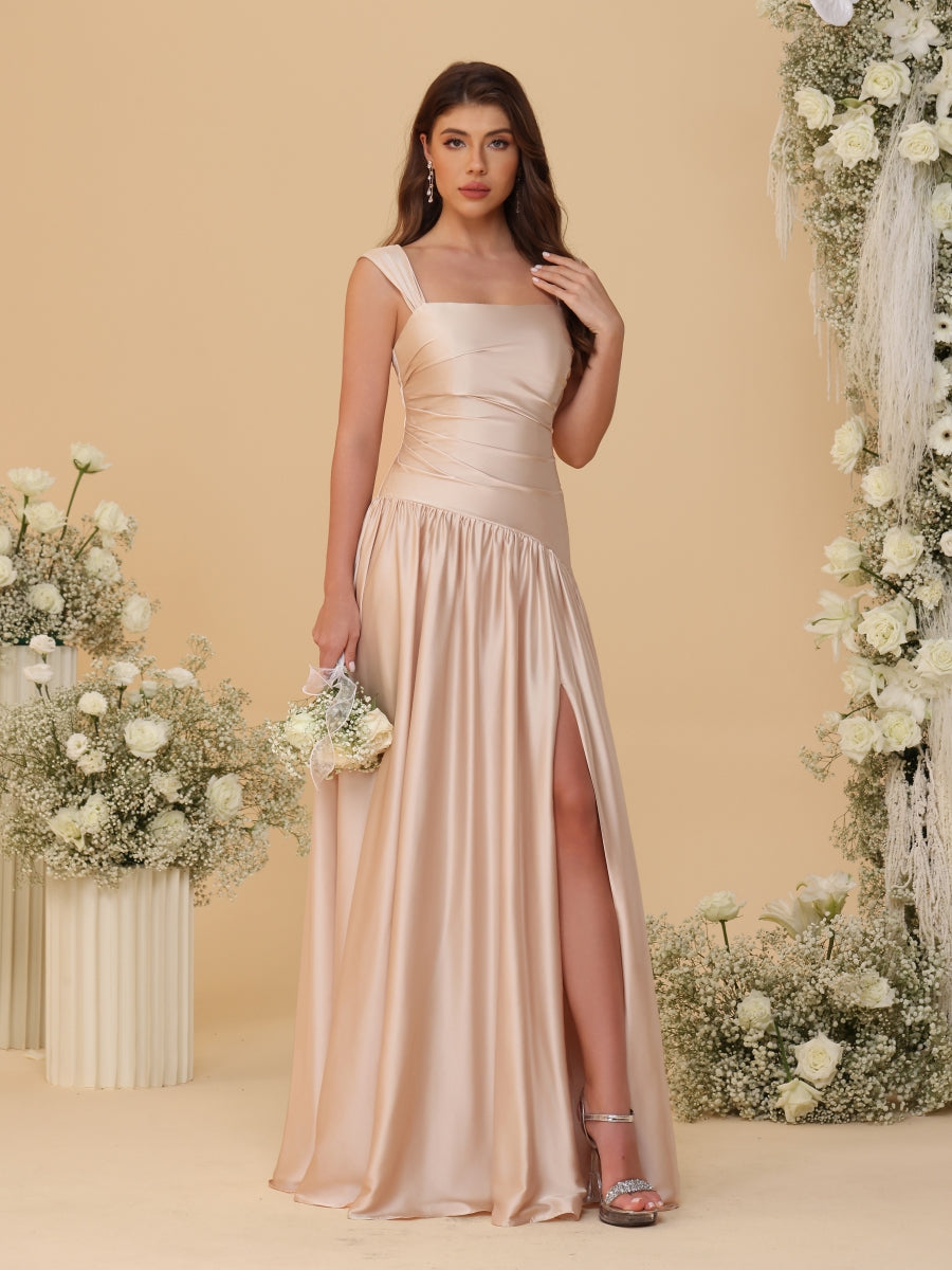 A-Line/Princess Off-the-Shoulder  Ruched Long Bridesmaid Dresses With Side Slit & Pleats - 画像 (10)