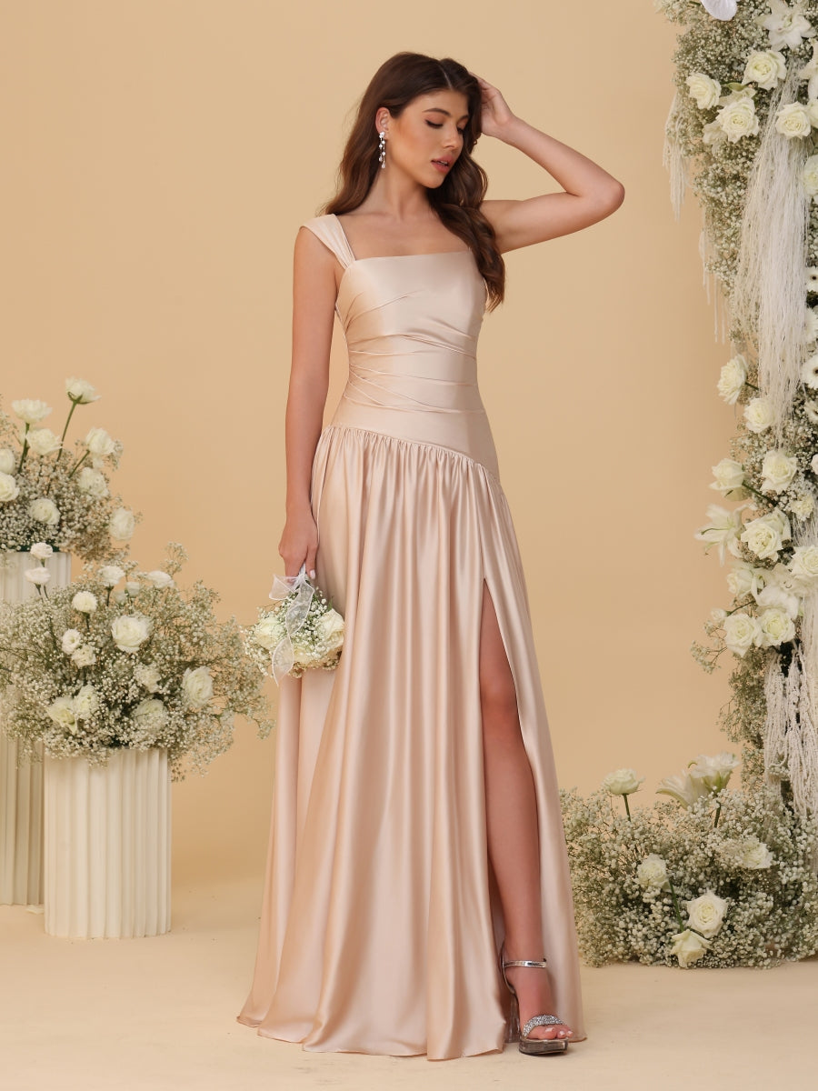 A-Line/Princess Off-the-Shoulder  Ruched Long Bridesmaid Dresses With Side Slit & Pleats - 画像 (11)