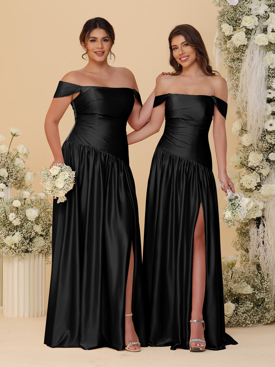 A-Line/Princess Off-the-Shoulder  Ruched Long Bridesmaid Dresses With Side Slit & Pleats - 画像 (33)