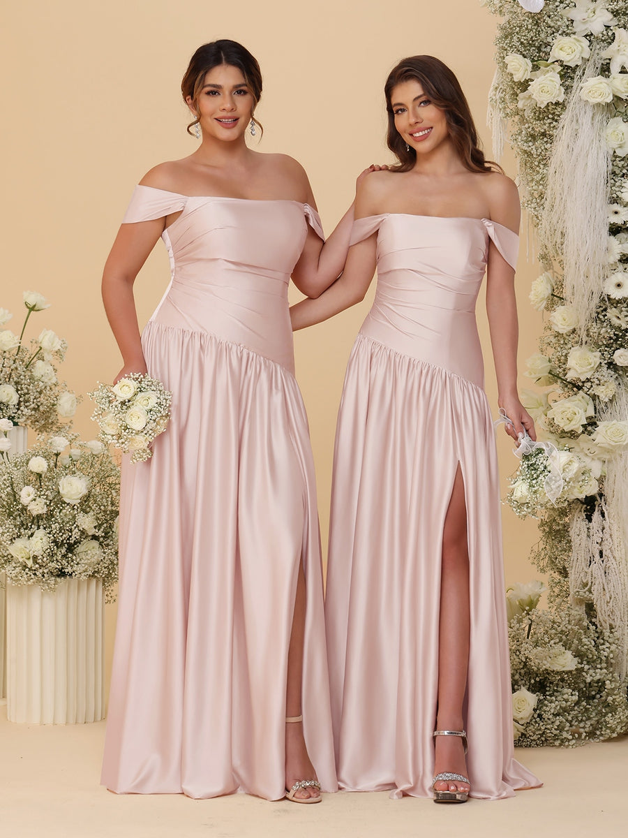 A-Line/Princess Off-the-Shoulder  Ruched Long Bridesmaid Dresses With Side Slit & Pleats - 画像 (24)