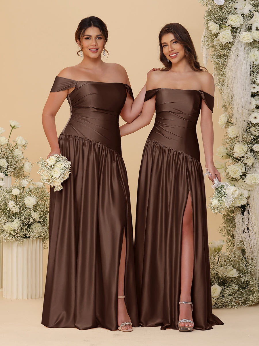 A-Line/Princess Off-the-Shoulder  Ruched Long Bridesmaid Dresses With Side Slit & Pleats - 画像 (63)