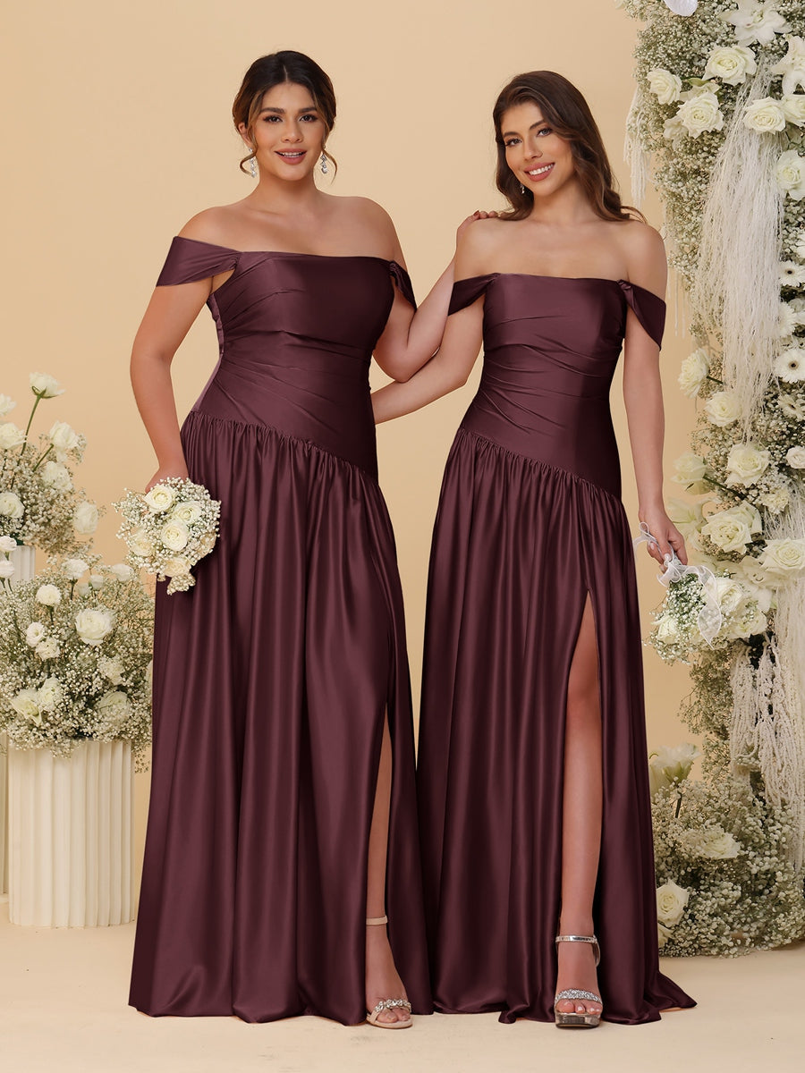 A-Line/Princess Off-the-Shoulder  Ruched Long Bridesmaid Dresses With Side Slit & Pleats - 画像 (41)