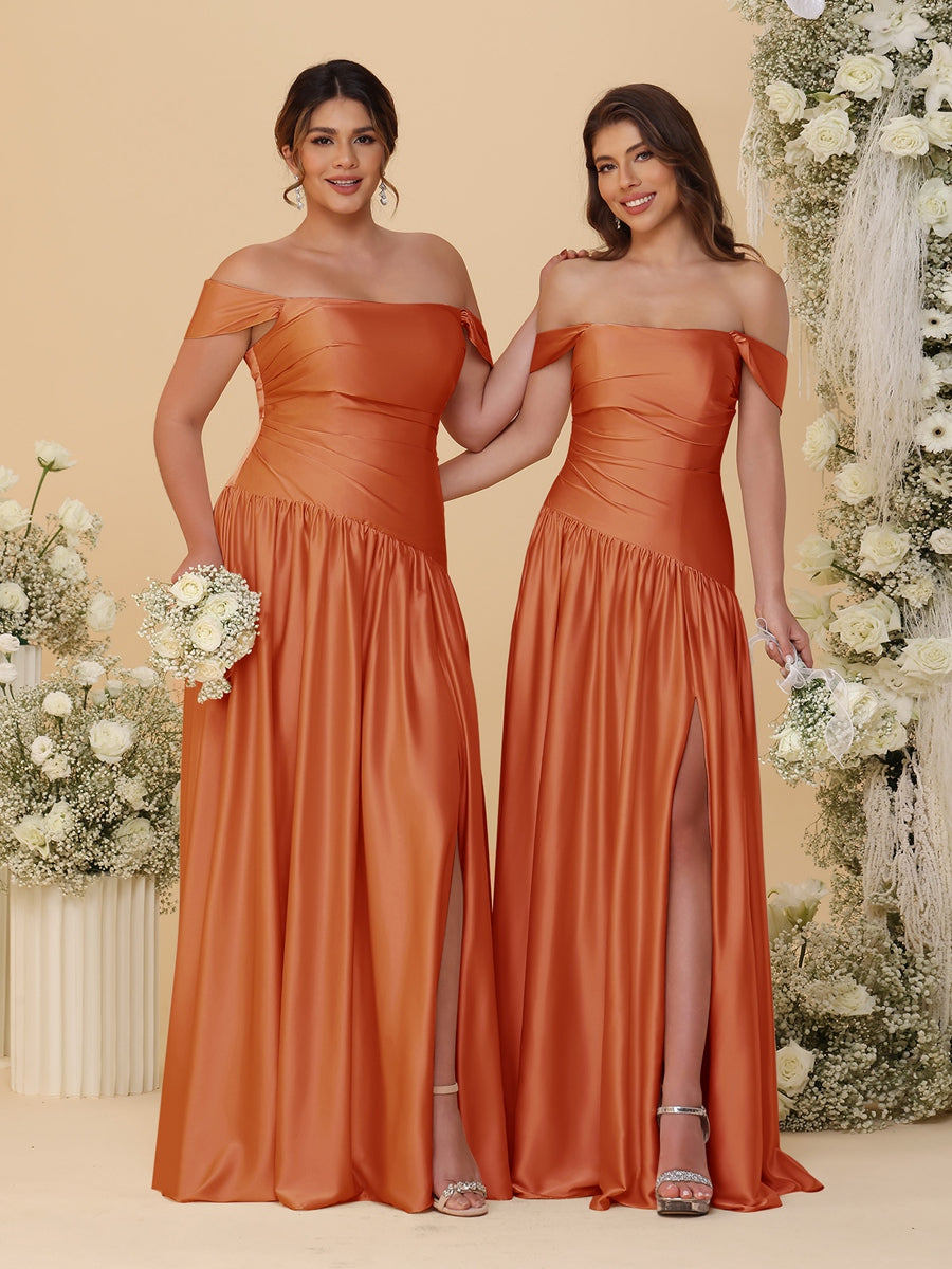 A-Line/Princess Off-the-Shoulder  Ruched Long Bridesmaid Dresses With Side Slit & Pleats - 画像 (42)