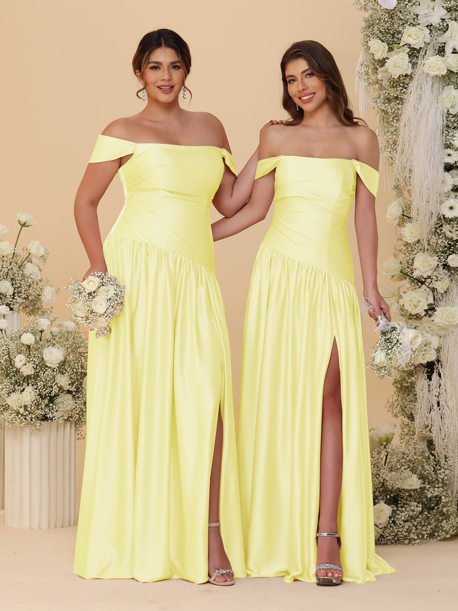 A-Line/Princess Off-the-Shoulder  Ruched Long Bridesmaid Dresses With Side Slit & Pleats - 画像 (25)
