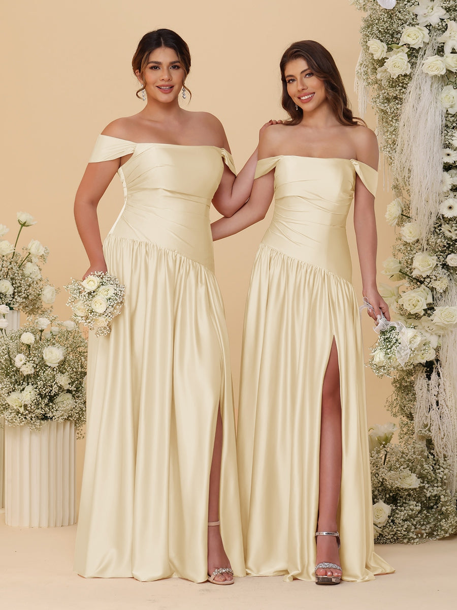 A-Line/Princess Off-the-Shoulder  Ruched Long Bridesmaid Dresses With Side Slit & Pleats - 画像 (26)